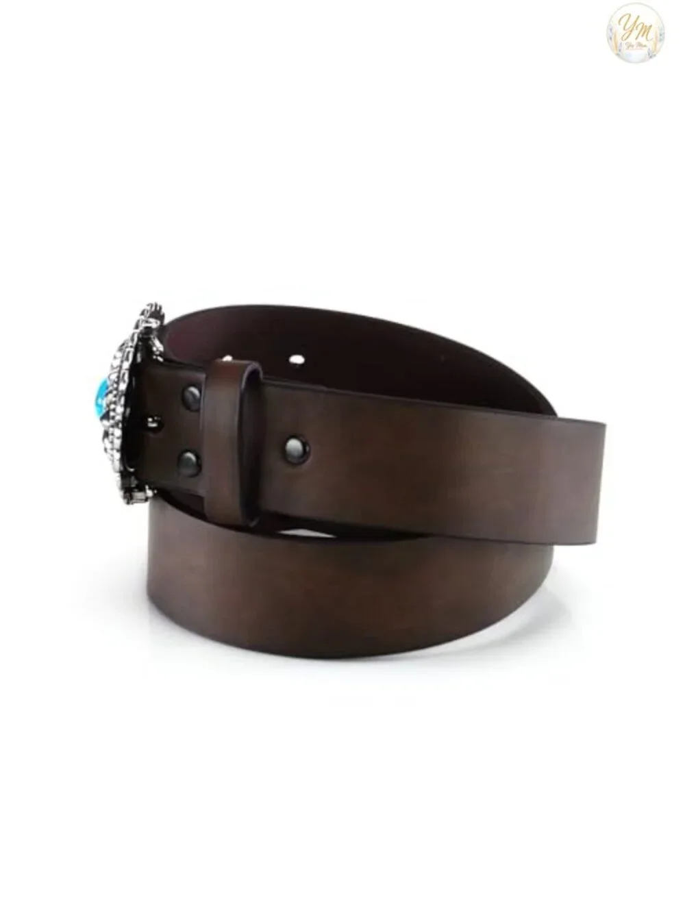 Leather Belt with Oval Concho Buckle Turquoise Stone
